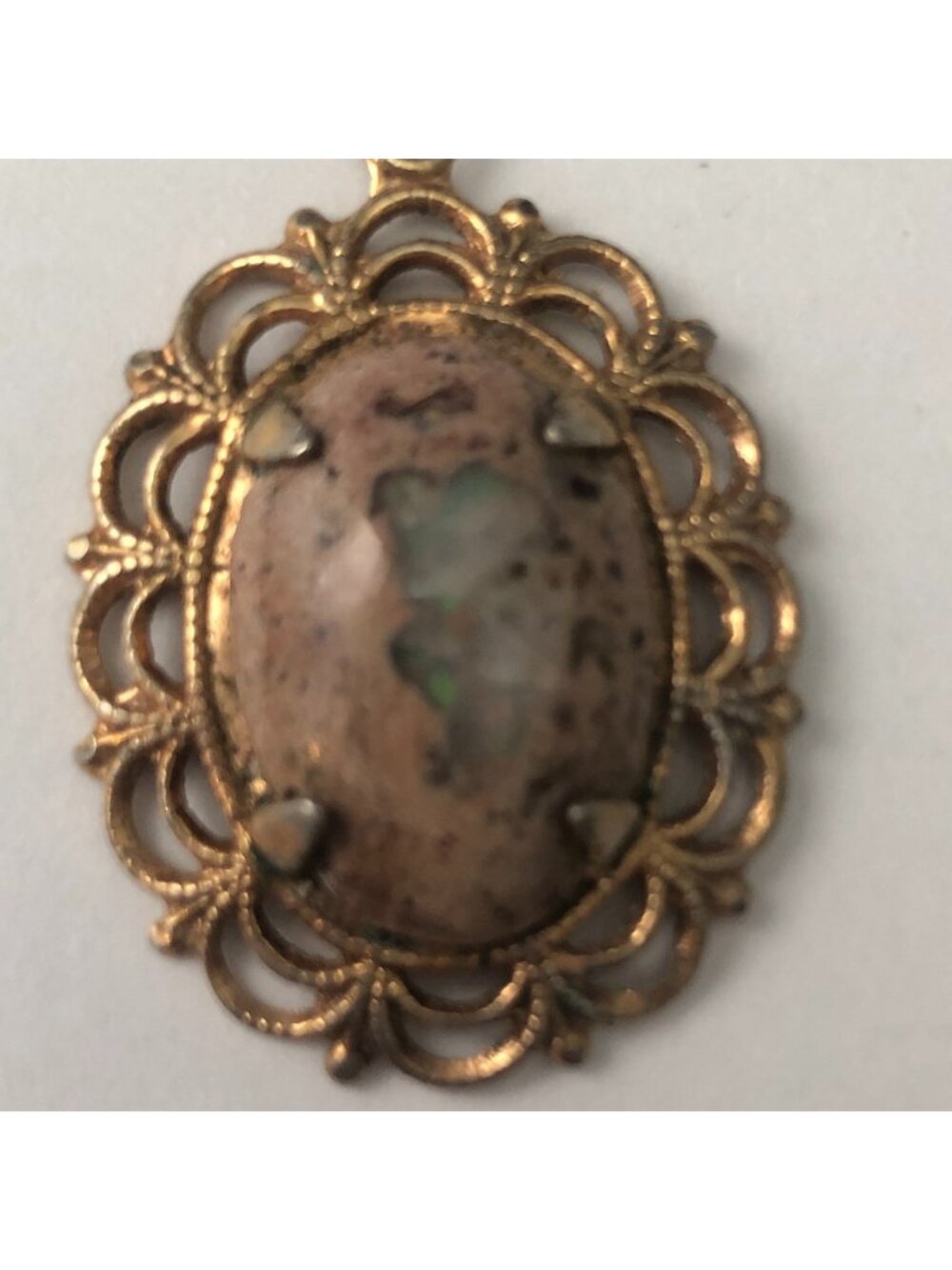 Vintage Oval Filagree Jasper Stone ? Pendant Gold Tone Gemstone Tan Green 1.25"L